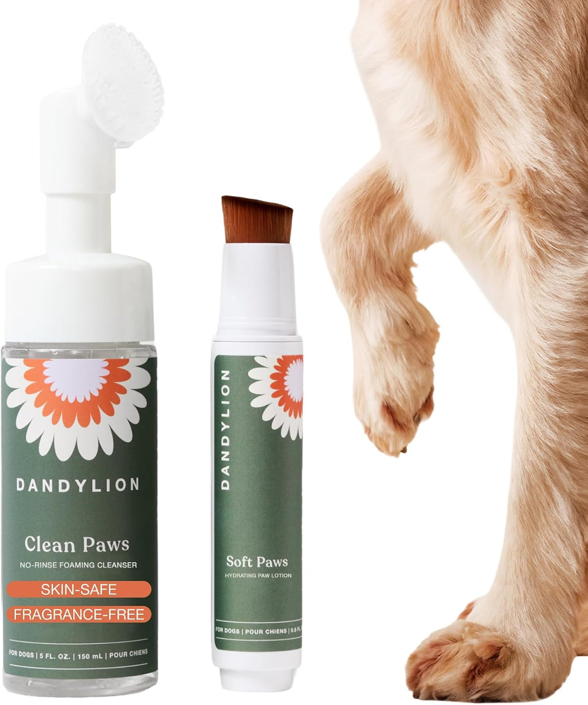 Dandylion Dog Paw Cleaner and Paw Balm Brush Duo, Foam Wash, Fragrance-Free