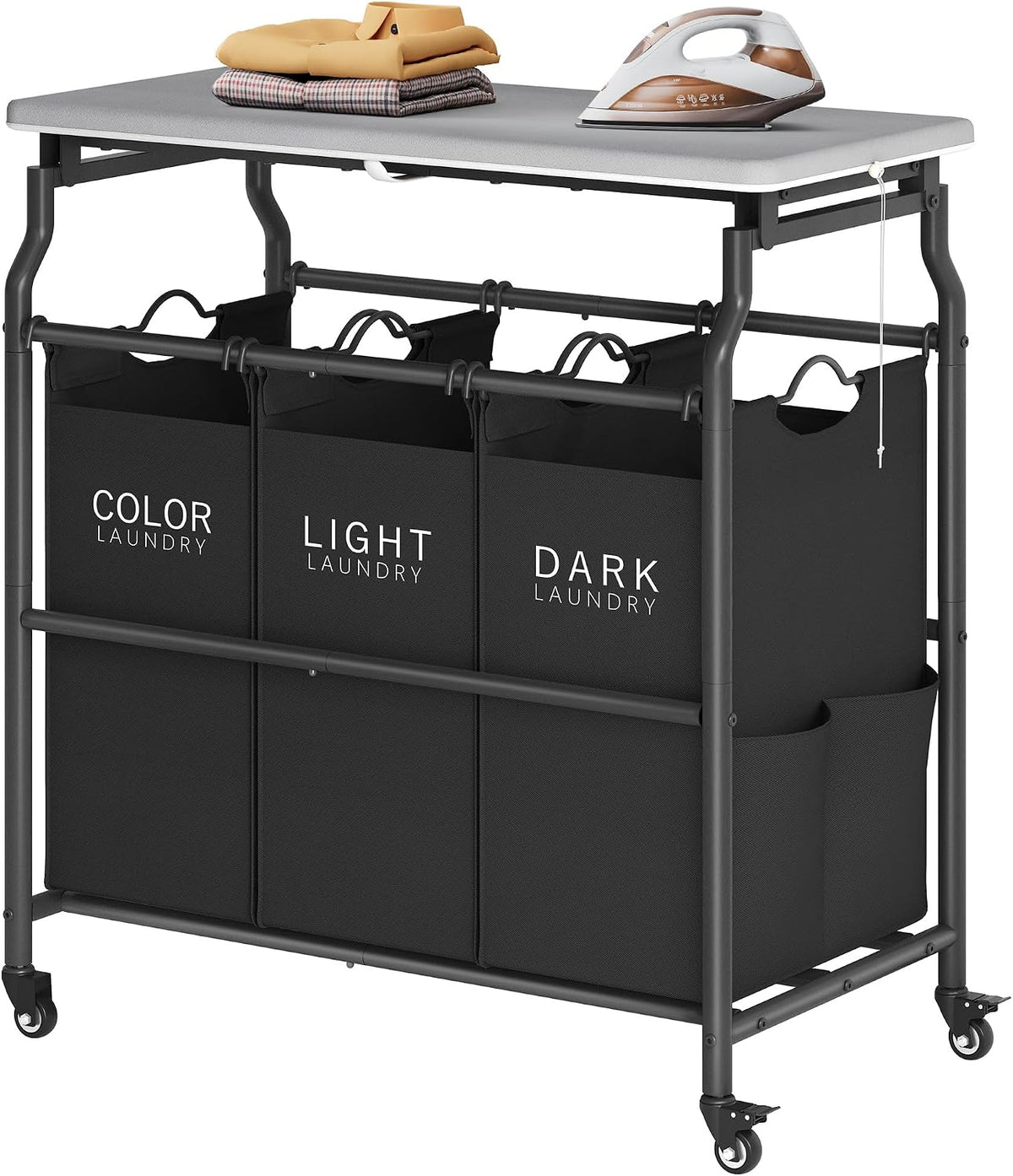 Hoctieon 3 Section Laundry Sorter with Ironing Board, Laundry Hamper, Black