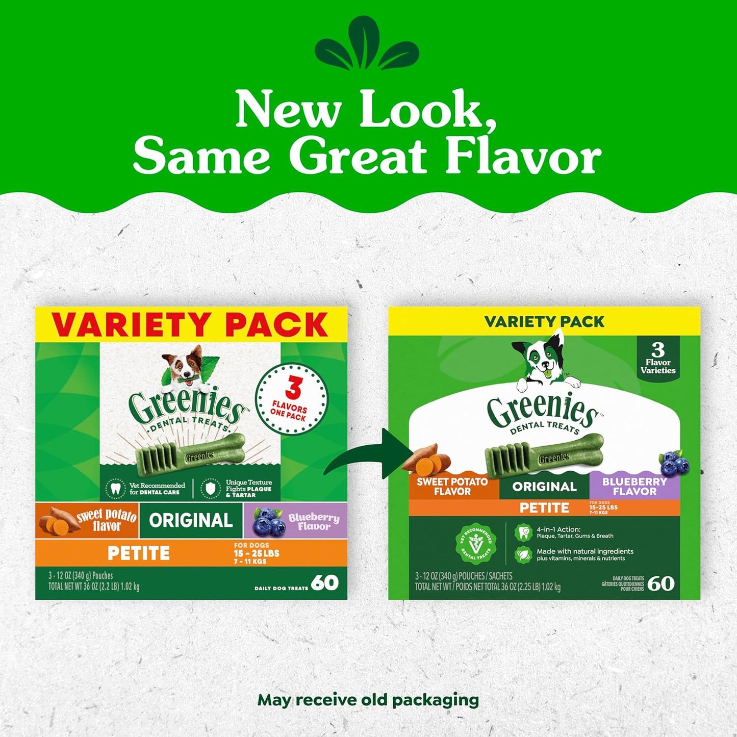 Greenies Veterinarian-Recommended Adult Natural Dental Dog Treats Petite Size, Variety Pack Flavor, (3) 12 Oz. Packs, 60 Count