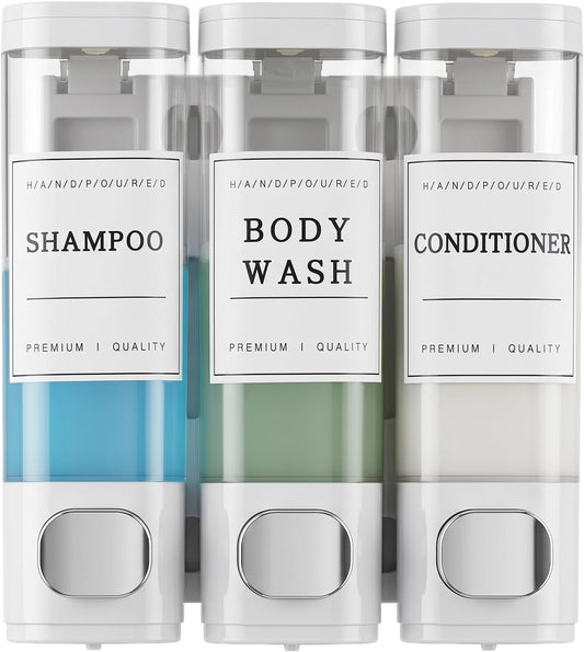 Shampoo and Conditioner Dispenser, Shower Soap Dispenser Wall Mounted, Shampoo Dispenser for Shower Wall No Drill, Bathroom Body Wash Dispenser 3 * 350Ml White 3 Chamber