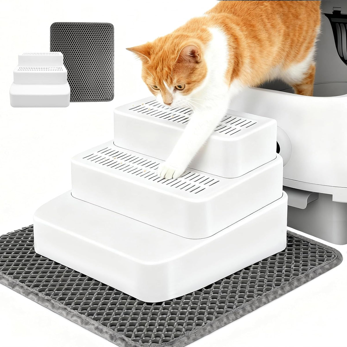 3 Steps Cat Litter Box Step with Litter Mat for Automatic Litter Boxes