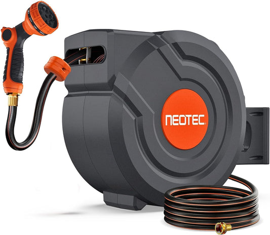Upgraded Retractable Garden Hose Reel 1/2" X 130 Ft 9 Pattern Nozzle Any Length Lock Wall-Mounted Automatic Slow Return 180° Swivel UV Resistant Heavy Duty Hose Reels for Outside