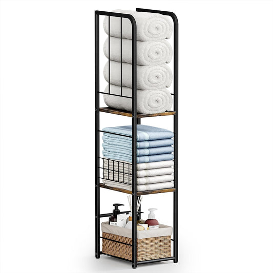 Narrow Towel Storage for Bathroom, 3-Tier Free Standing Bathroom Towel Rack Organizer with Shelf for Small Bath, Pool, Brown