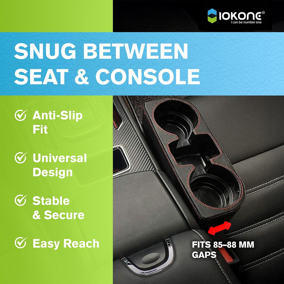 IOKONE Car Cup Holder, PU Leather, Car Seat Gap Filler Organizer, Black