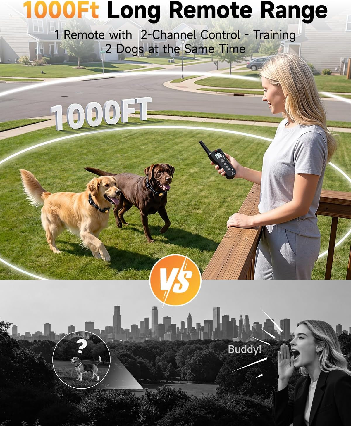 PATPET Dog Shock Collar - Rechargeable Dog Training Collar with Remote for Medium Large Dogs, 3 Training Modes (Beep/Vibration/Shock) IPX7 Waterproof 1000Ft Electric Dog Collar (Black)