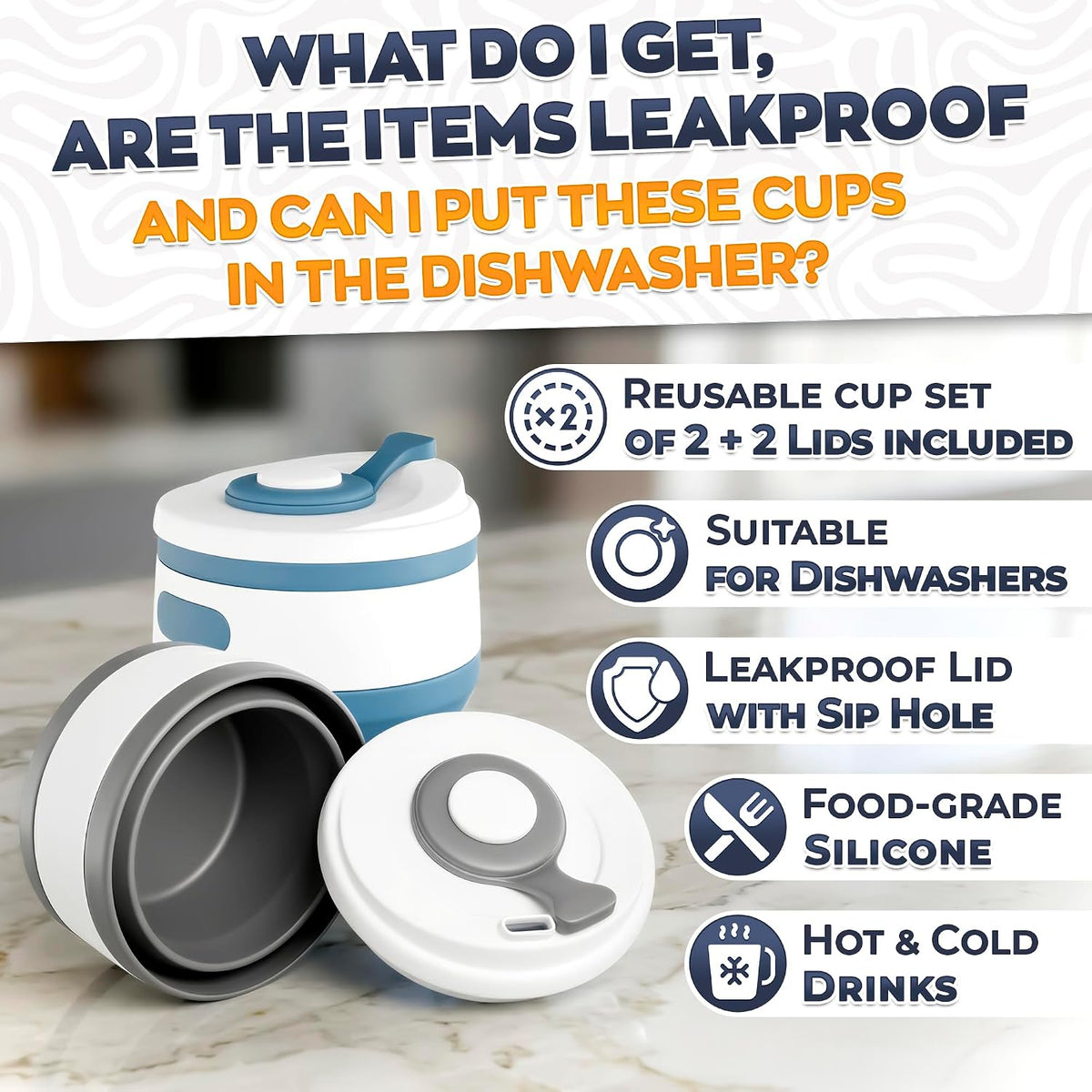 VIKROM Collapsible Coffee Cup with Lid, 2 Pack, 12 Oz Silicone Travel Mug