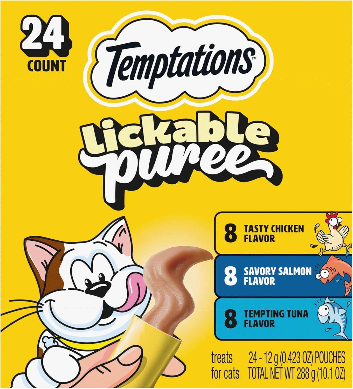 Temptations Creamy Puree Squeezable Lickable Cat Treats, Wet Cat Treats with Chicken, Salmon, and Tuna Variety Pack, 0.42 Oz. Tubes, 24 Count