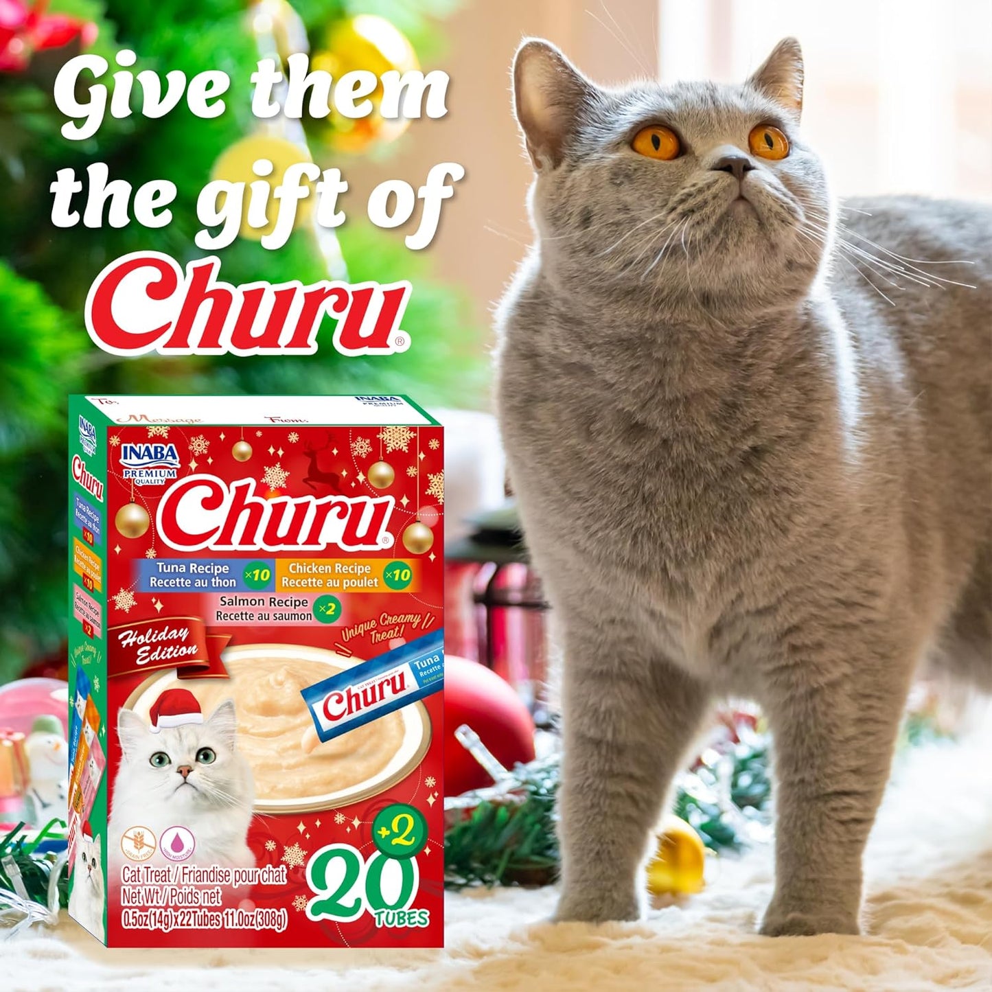 INABA Churu Cat Treats, Lickable, Squeezable Creamy Purée Cat Treat with Vitamin E, 0.5Oz Each Tube, 22 Tubes, Holiday Variety Pack