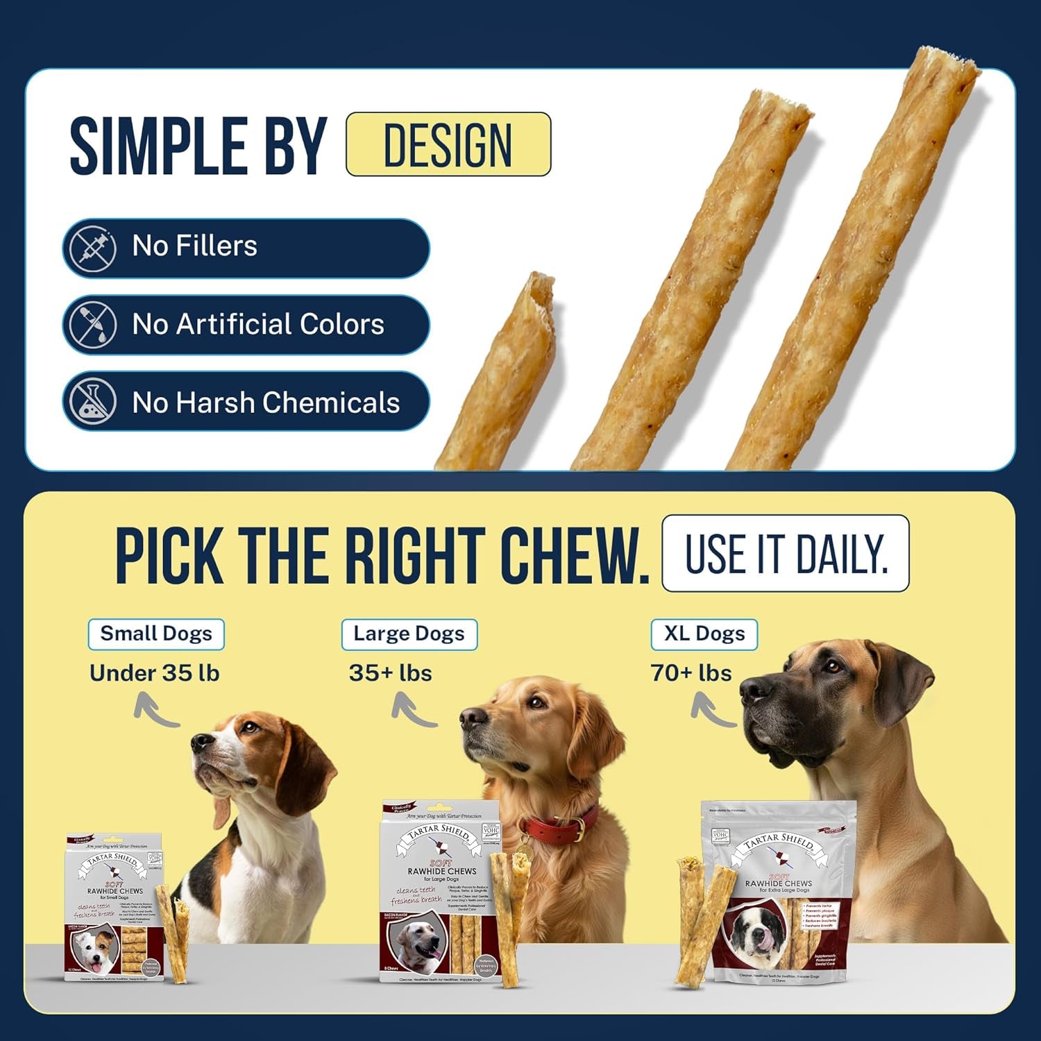 Tartar Shield® Soft Rawhide Dental Chews for Small Dogs | VOHC Accepted | Reduces Tartar, Controls Plaque & Freshens Breath | Vet Recommended | Bacon Flavor | USA Made | 12 Count