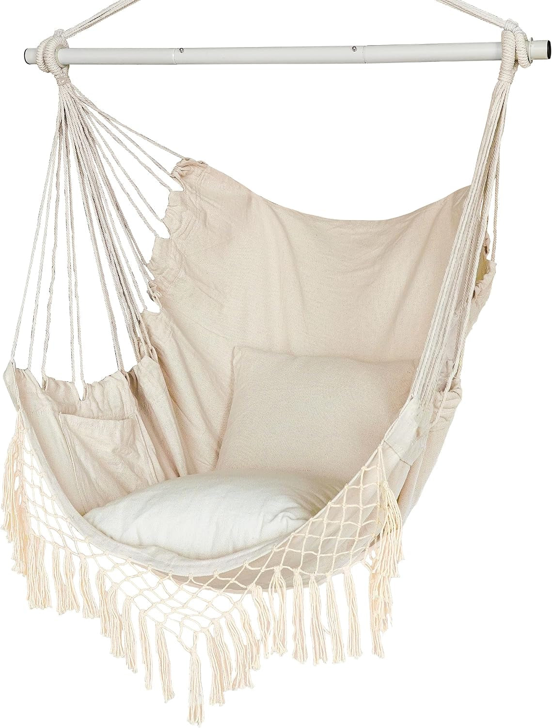 Hammock Chair, Hanging Rope Swing Seat with 2 Cushions,Macrame Hanging Chair Side Pocket with High Load-Bearing Metal Rod,For Indoor, Outdoor, Extra Comfortable