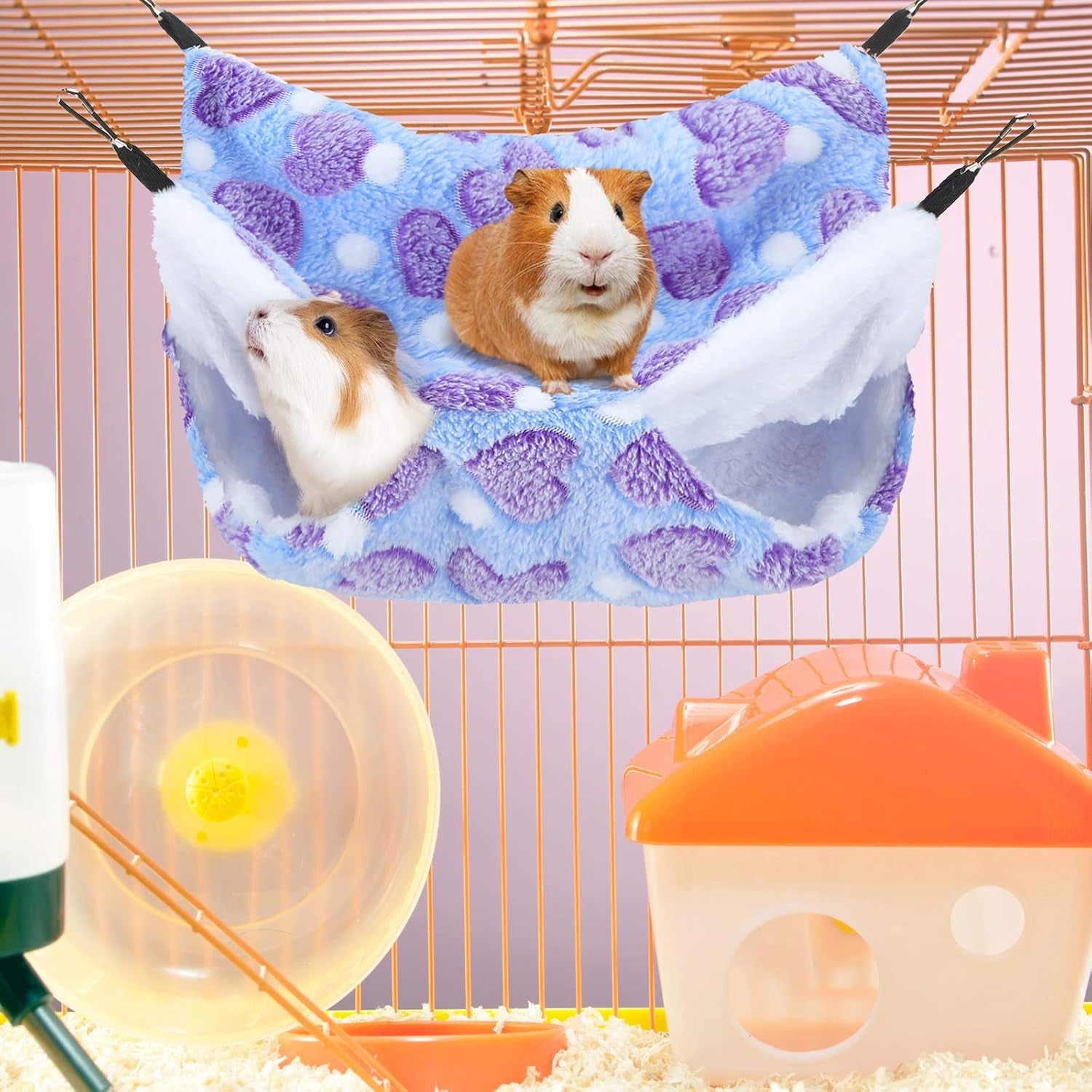 BOAO 2 Pcs Guineas Pig Rat Hammock Guinea Pig Hamster Ferret Hanging Hammock Guinea Pigs Accessories for Small Animals Chinchilla Parrot Sugar Glider Ferret Squirrel(Purple, Coffee,Heart Pattern)
