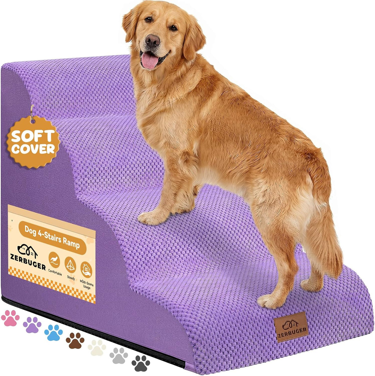 Zerbuger Dog Ramp and Stairs for Bed, Purple 4 Steps 20" H, Nonslip Cover