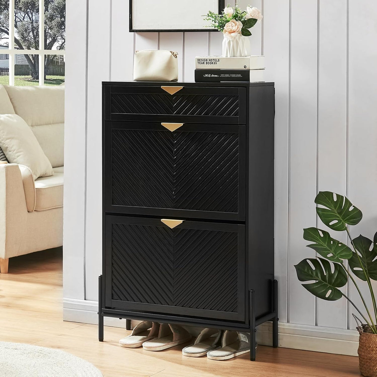Shoe Cabinet with 2 Flip Drawers, Narrow Entryway Rack, Black