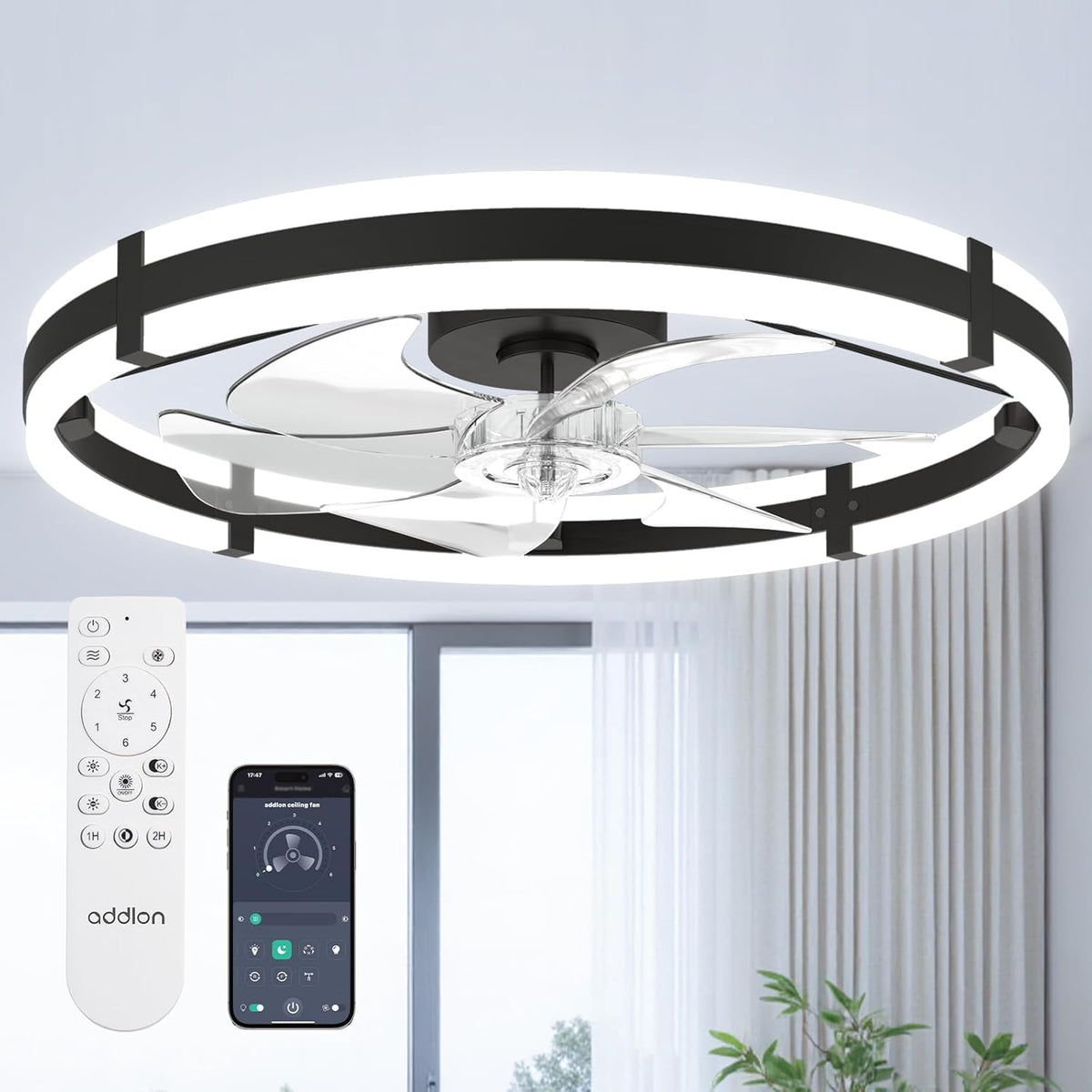 Addlon 24" Low Profile Fandelier Ceiling Fans with Lights and Remote, Black