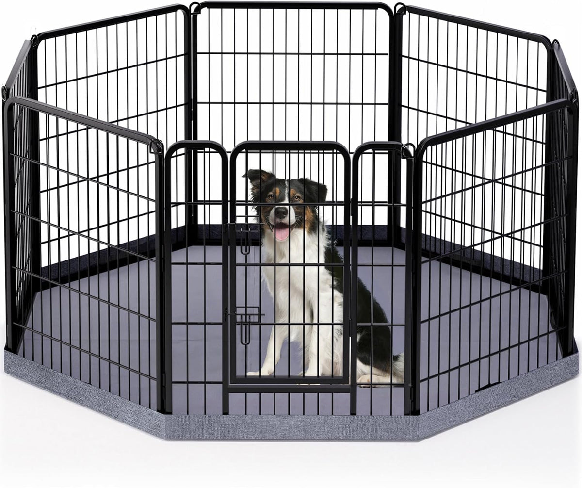 PETIME Dog Playpen,Metal Exercise Puppy Pen Heavy Duty Kennels Yard Fence Indoor/Outdoor 27" W X 32" H 8 Panels Dog Cage with Octagon Bottom Pad