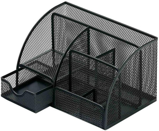 "Mesh Desk Organizer, Desktop Organizer with Drawer, Office Supplies Multi-Functional Caddy, Metal Stationary Black Desk Caddy, with 6 Compartments and 1 Drawer for Home, School, Workshop, Kitchen "
