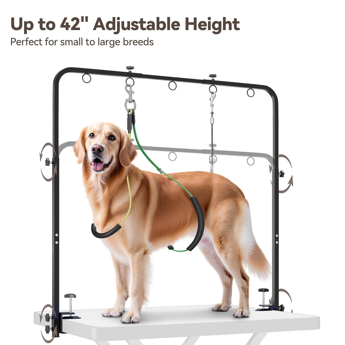 Adjustable Pet Grooming Arm for Table: 42" Height & 27"-39" Width, Clamp Fits up to 2.76", Includes Hammock & 2 No-Sit Nooses, Heavy-Duty Dog Grooming Station for Home Use, Nail Trimming & Drying