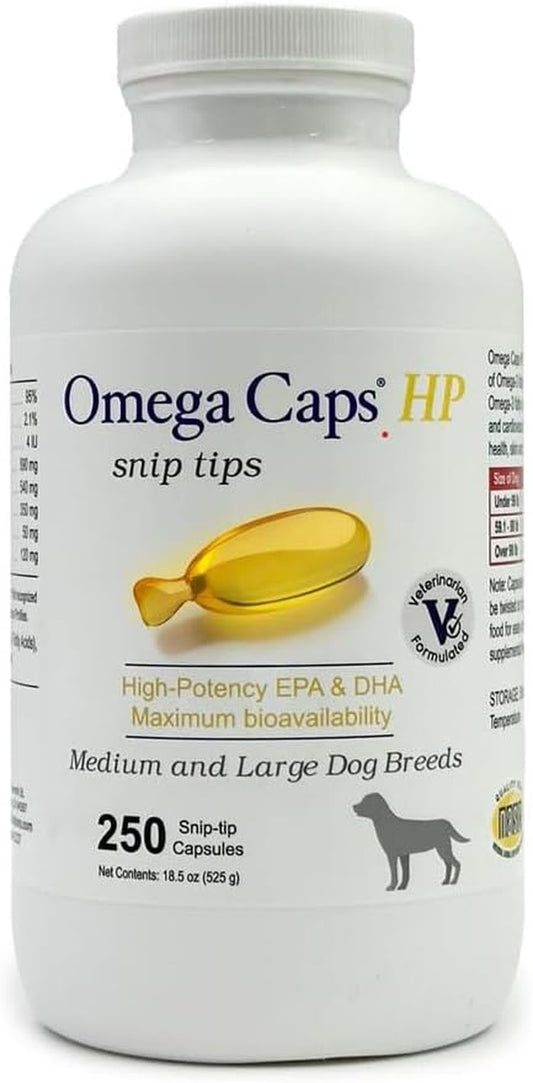 Omega-Caps HP Fish Oil for Dogs | High Potency EPA & DHA Omega-3 Supplement | Supports Skin, Coat, Joint, Heart & Immune Health | Snip Tip Capsules | Medium & Large Dogs | 250 Count