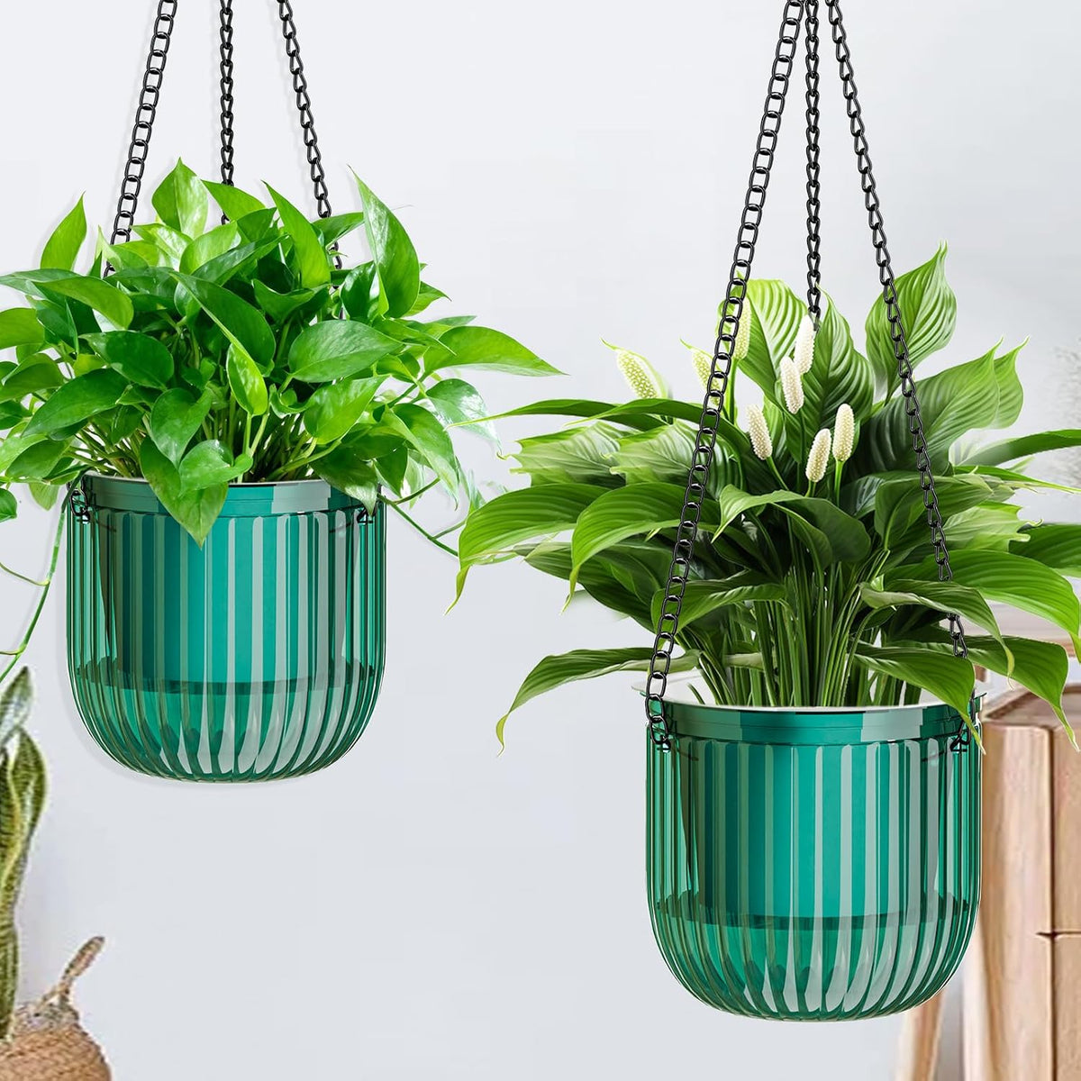 Halatool 2 Pack 8.3 Inch Self-Watering Hanging Planters for Indoor Plants, Outdoor Flower Pots with 2 Metal Chains, Visible Water Level Indicator & Drainage Holes for Wall, Garden, Home (Green)