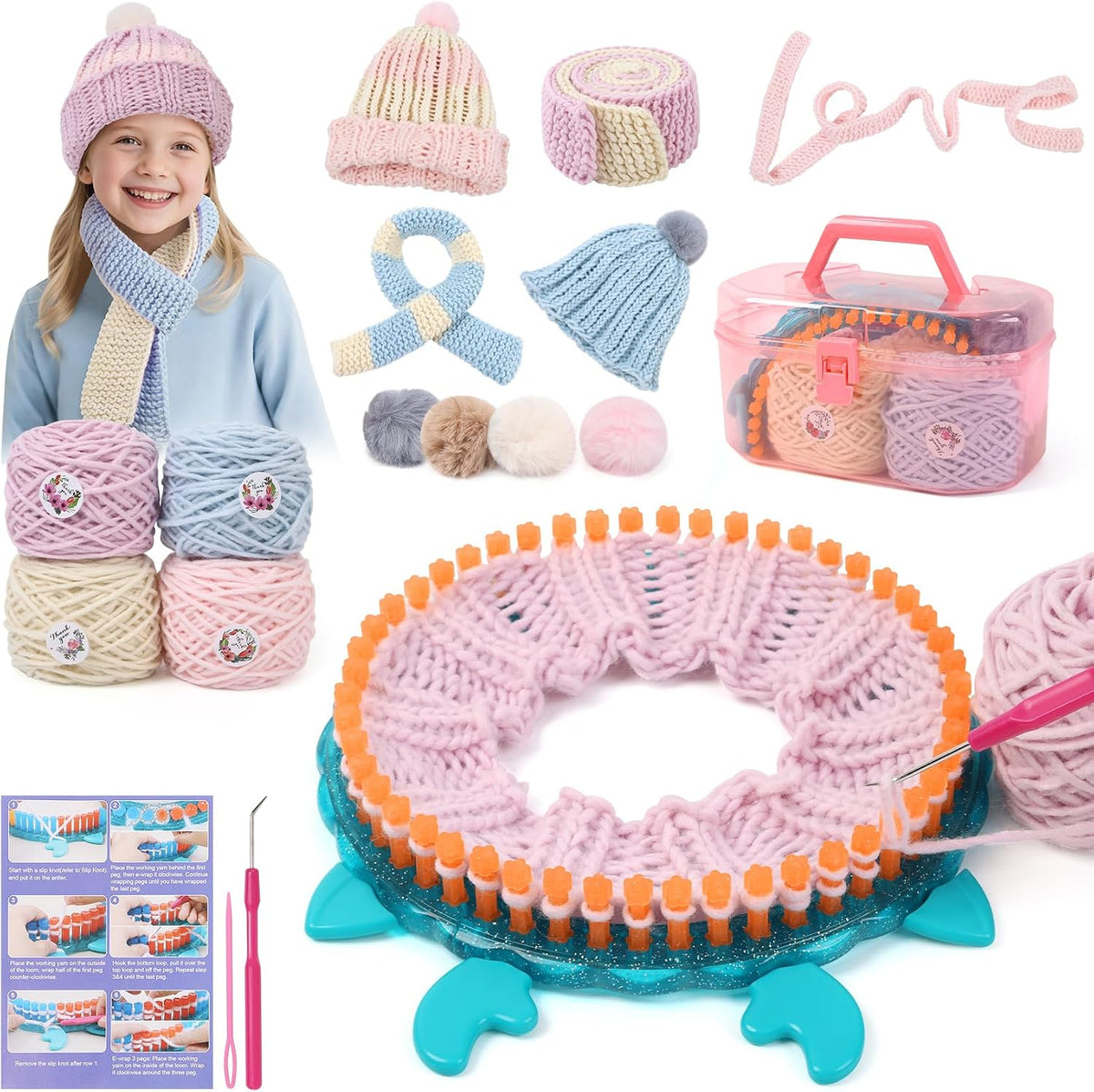 Iqkidz Hat Knitting Loom Kit, Kids Craft Kits for Girls Ages 7 8-12 Years and Up, Fun DIY Gift for Girls & Teens to Make Pom Pom Hat and Scarf with Beginner Crochet Set
