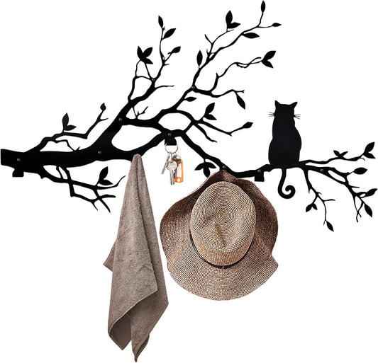 Black Cat Tree Branch Wall Decor, Cat Wall Decor,Wall Mounted Coat Rack - an Artistic Blend of Function and Design（Left）