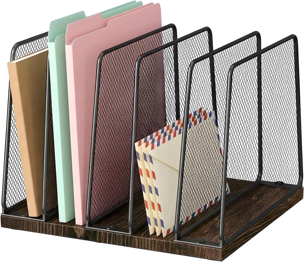 Desk File Organizer, 5-Section Upright File Sorter, Vertical File Folder Holder, Mesh Metal Wood Office Desktop Organization for Document, Magazine, Books and More (Wood and Black)
