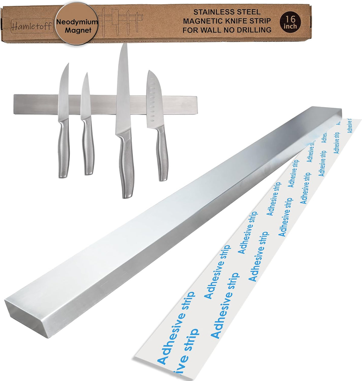 Premium Magnetic Knife Strip for Wall No Drilling – 16 Inch Stainless Steel Magnetic Knife Holder with Neodymium Magnet Strong Adhesive Tape - Lightweight Kitchen Magnet Knife Bar