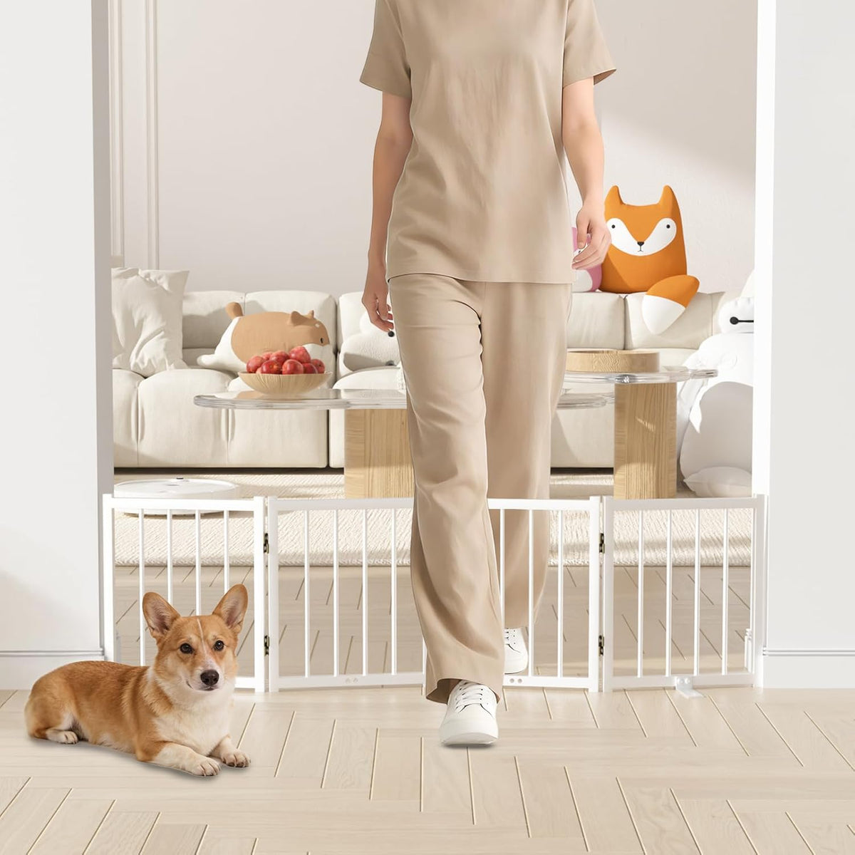 Snuowu 16" Freestanding Short Dog Gate for Small Dogs – Foldable & Retractable, Expands up to 48" Wide, 4-Panel Pet Barrier for Doorways, Stairs & Hallways (White)