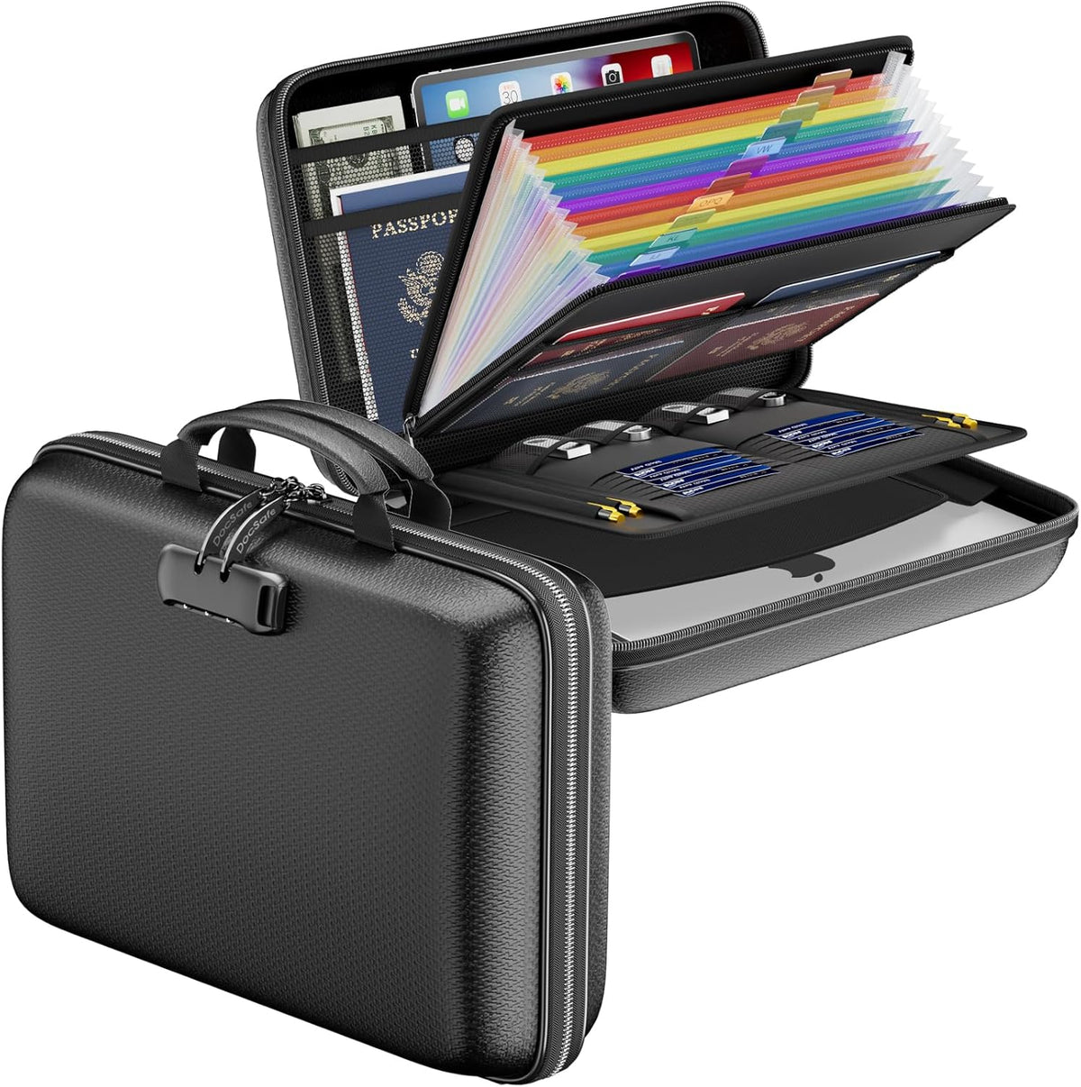 Docsafe Fireproof File Organizer with Lock, Hard-Shell Case Fireproof Document Box with 13 Pocket Accordion File Folder, Portable Home Office Travel Safe Storage for Important Documents Laptop Black