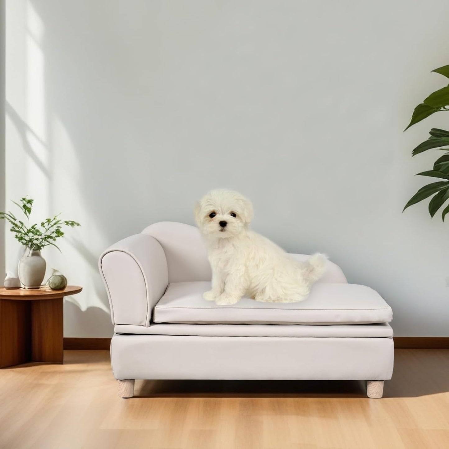 PU Leather Dog Sofa and Chair with Storage - Wooden Frame Cat Sofa Couch with Cushion,Small Pet Bed Sofa for Puppy and Cats (Pearl White)