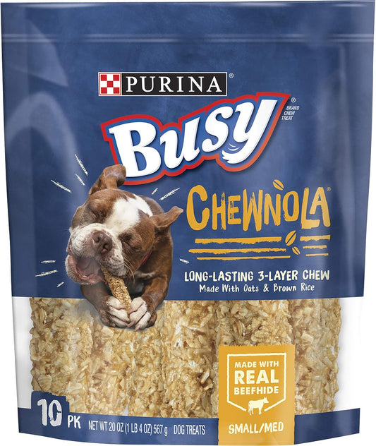 Purina Busy Rawhide Small/Medium Breed Dog Bones, Chewnola with Oats & Brown Rice - 10 Ct. Pouch