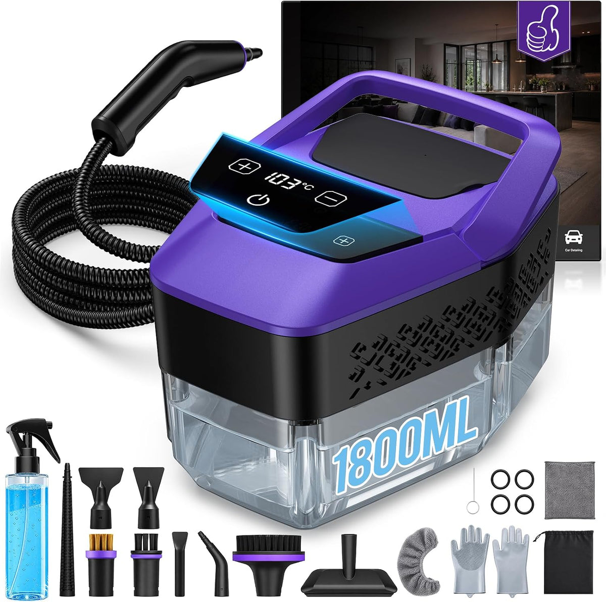 Steam Cleaner for Home, Handheld Steamer for Cleaning Temp Display 𝟔-Level Adjustment 𝟏𝟎𝐬 Heat-Up 𝟏𝟗 Accessories Grease Car Detailing Furniture Couch Upholstery Carpet Grout Tile (Purple)