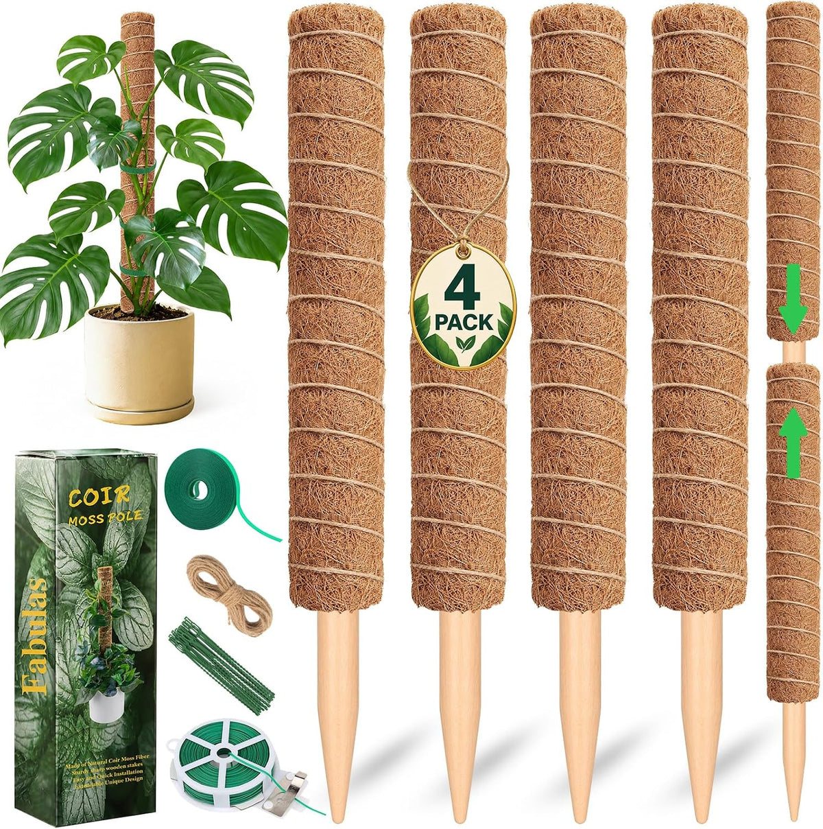 Fabulas Moss Pole Monstera Plant Support, Extended to 48 Inch, 4 Pack 16 In