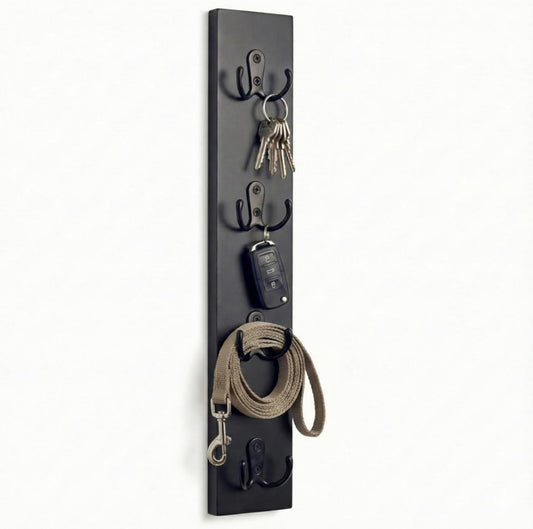 Vertical Key Holder for Wall & Dog Leash Holder – Solid Wood Wall Mount Key Rack with 8 Hooks – Small Space Saving Entryway Organizer for Keys, Lanyards, Masks (Adhesive or Screws) (Black)
