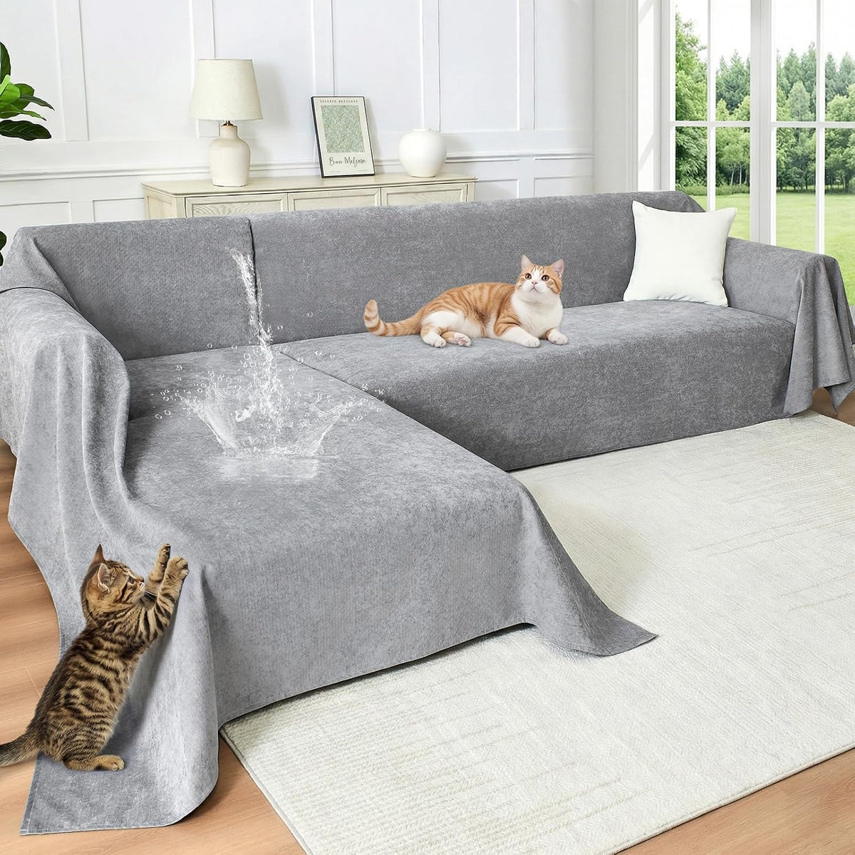 CAPALOCA Anti-Scratch Sectional Couch Covers L Shape 2 Pcs, XL, Grey