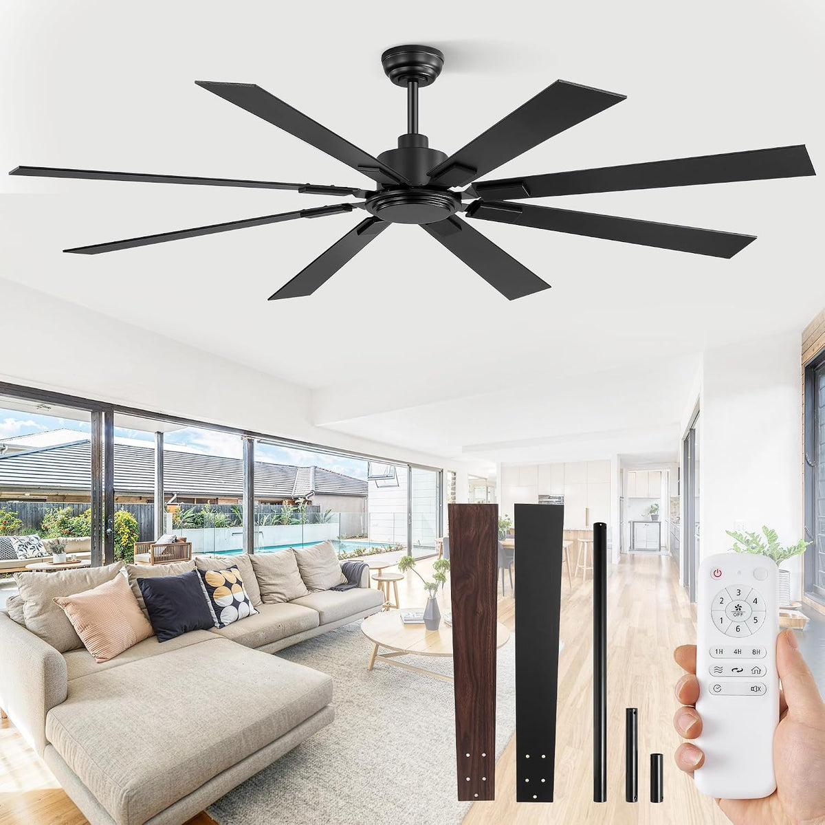 ZMISHIBO 72 Inch Ceiling Fan No Light with Remote Control, 8 Blades