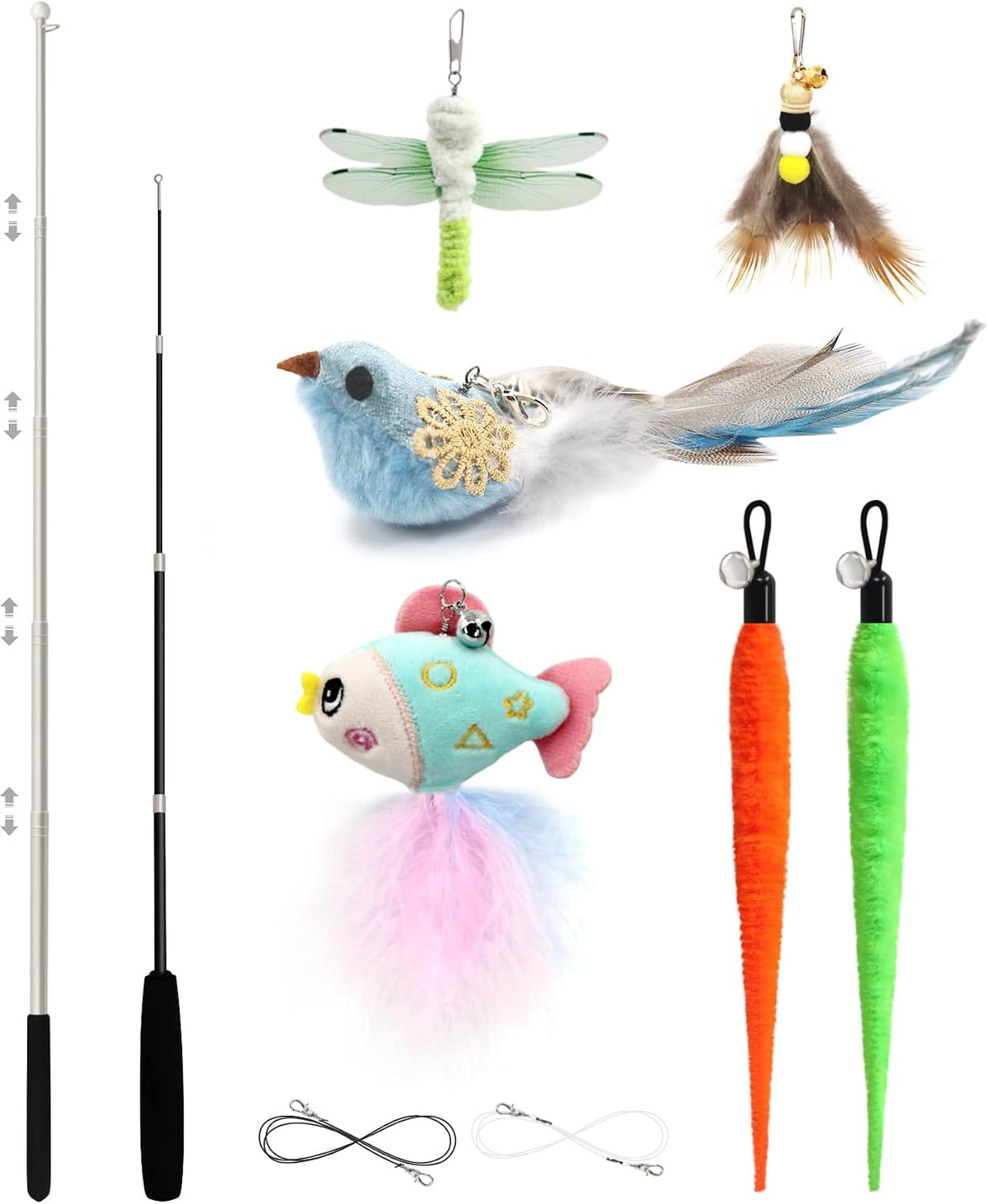 MAYSONG Interactive Cat Toys for Indoor Cats Chase and Exercise, 2PCS Retractable Cat Wand Toy, 6PCS Cat Feather Toys Refills, Kitten Toy Funny Cat Fishing Pole Toy for Teaser Play