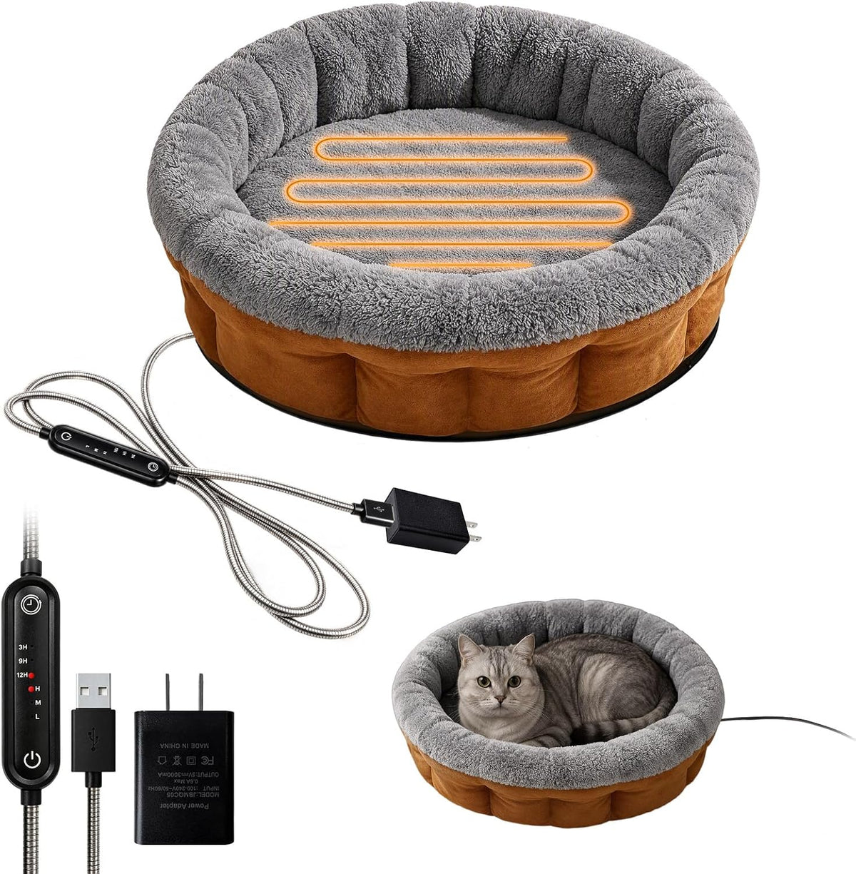 5V Heated Pet Bed with Adapter, Dual-Sensor Safety, Cat & Dog, 20"