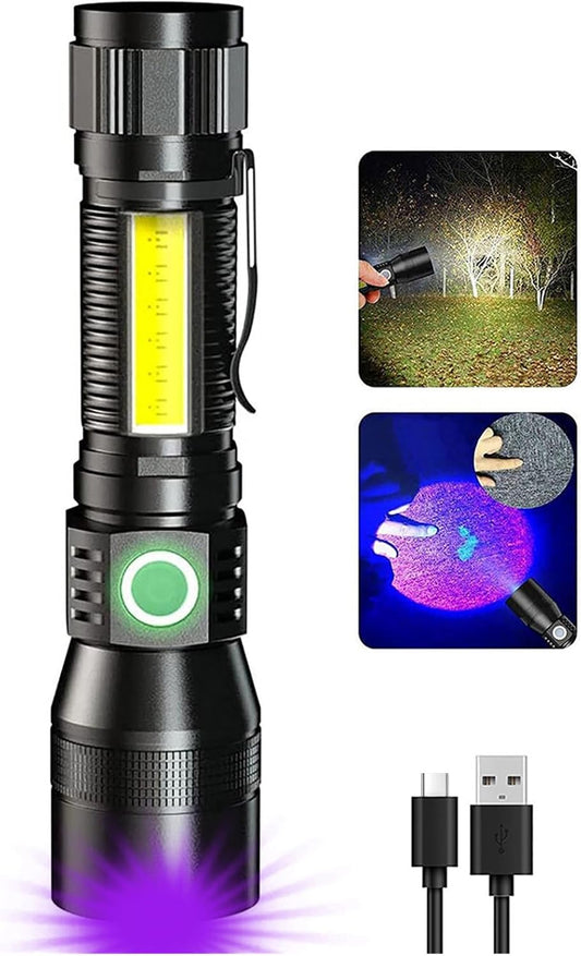 UV Flashlight Black Light, 3-In-1 Magnetic Flashlight Rechargeable, High Lumen Tactical LED Flashlight, 7 Modes Waterproof UV Light for Camping Emergencies Pet Urine Detection