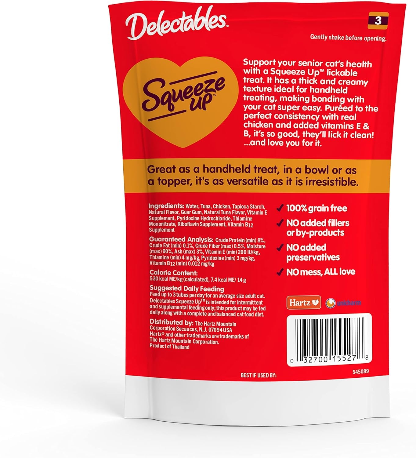 Delectables Squeeze up Creamy Squeezable Puree, Lickable Wet Cat Treats, Grain Free, No Added Fillers, No By-Products, No Added Preservatives, 0.5 Ounces Senior Chicken, 32 Tubes Total