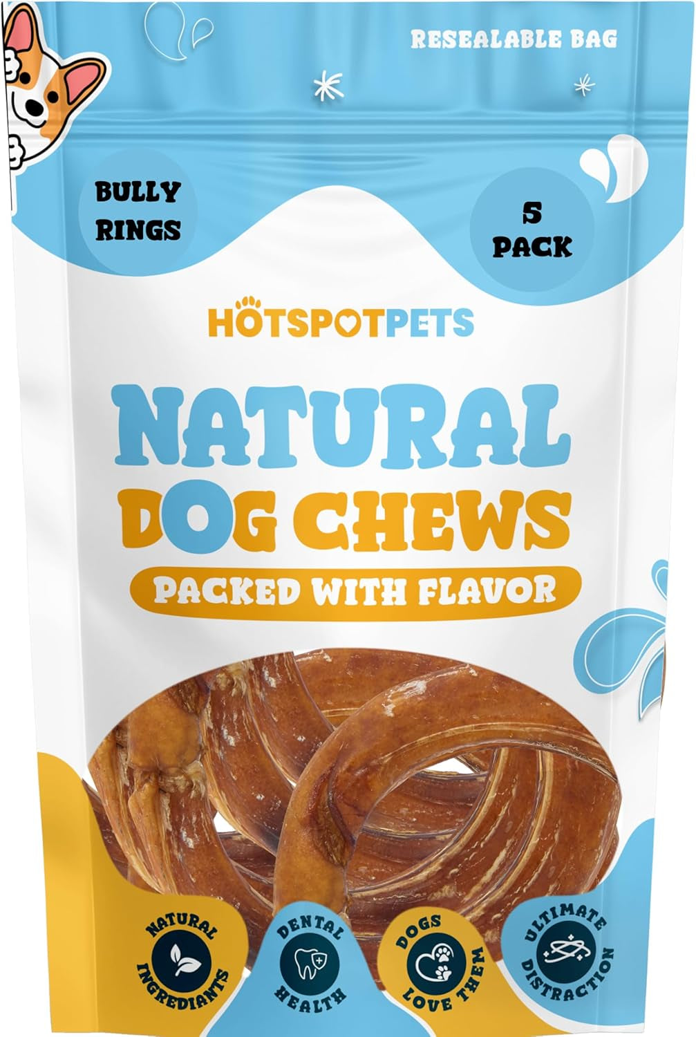 Hotspot Pets Bully Stick Rings for Dogs (5 Pack) 4 Inch Circles- Premium All Natural Long Lasting Beef Pizzle Dog Chew Treats - Low Odor, Grain Free, Fully Digestible, Rawhide Alternative Chews
