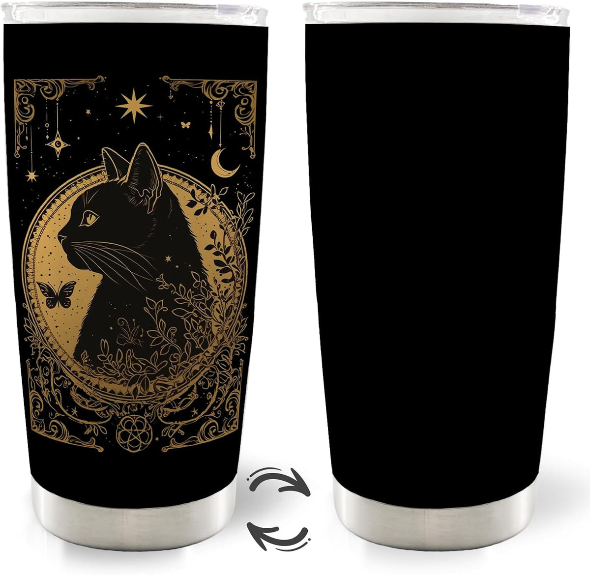 Black Cat 20Oz Travel Coffee Mug Tumbler, Gifts for Pet Lovers Owners Women Men, Black Cat Golden Tarot Card Water Stainless Steel Tumbler with Lid and Straw Drinkware