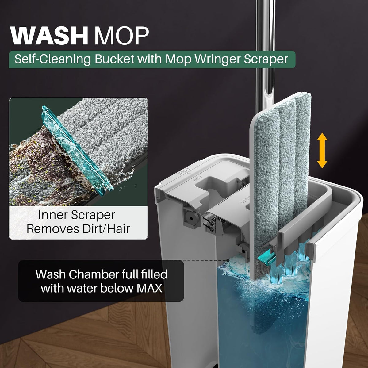 JOYMOOP Mop and Bucket Set for Home and Commercial Use, Flat Mop System with 3 Reusable Microfiber Pads, Floor and Wall Cleaner