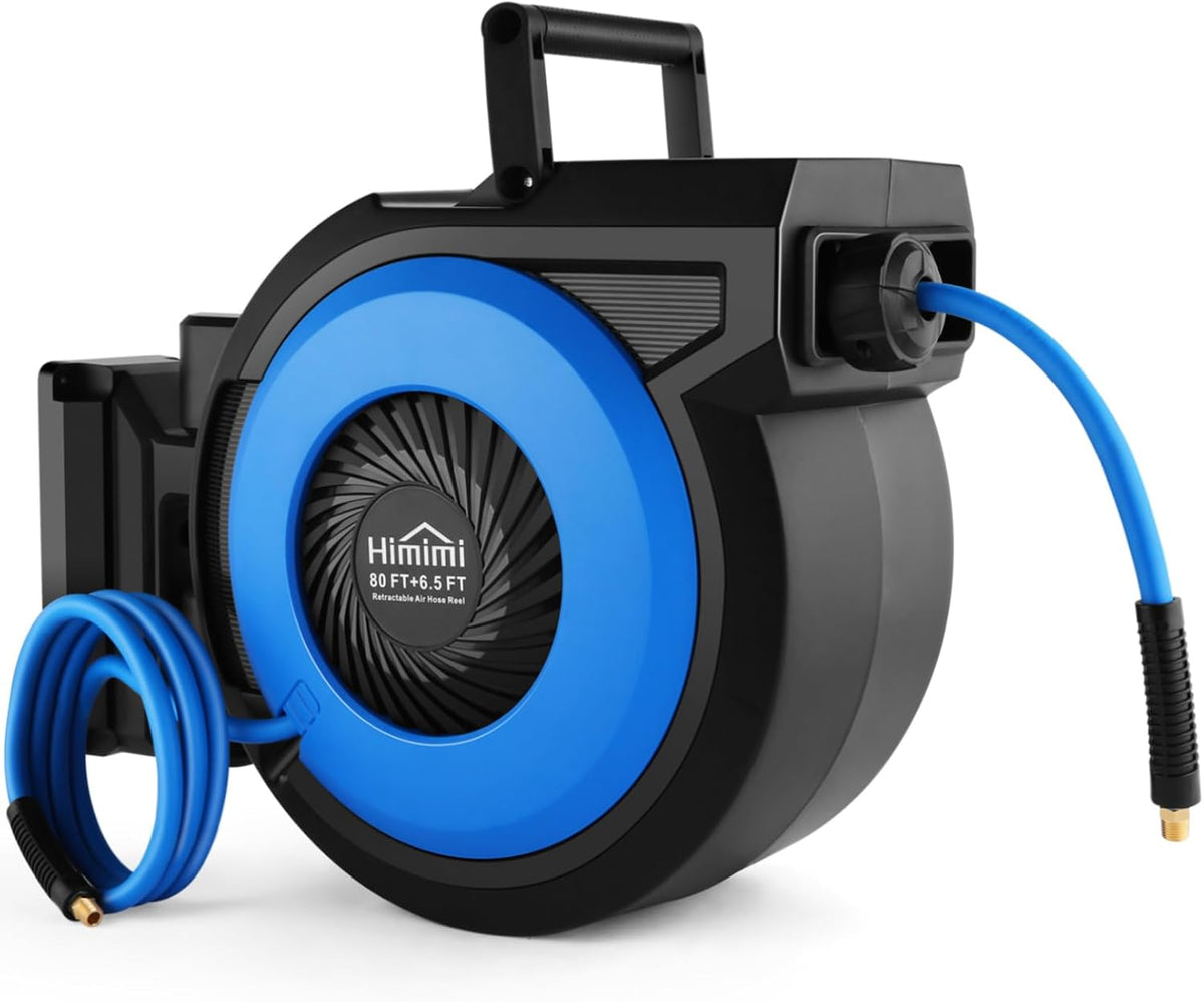 80FT + 6.5FT Retractable Air Hose Reel, Wall Mount Pneumatic Hose Reel for Garage Workshop, Automatic Rewind, 3/8" X 80' Hybrid Air Hose with Brass Fittings + Bend Restrictors, 300PSI