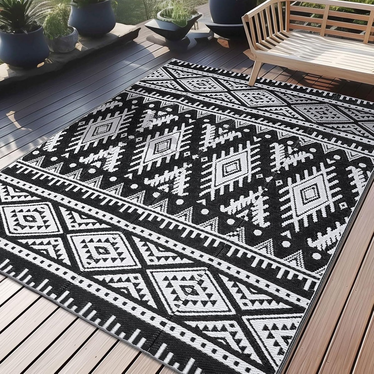 OLANLY Outdoor Rug 5X8 Ft Waterproof Reversible Boho Mat, Black & White