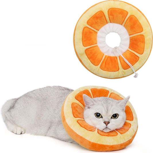 ANWA Adjustable Cat Cone Collar Soft, Cute Cat Donut Collar after Surgery | Soft like a Pillow, Easy to Put On, Won'T Mind Wearing It, Cute Fruit Pattern, Orange, Medium