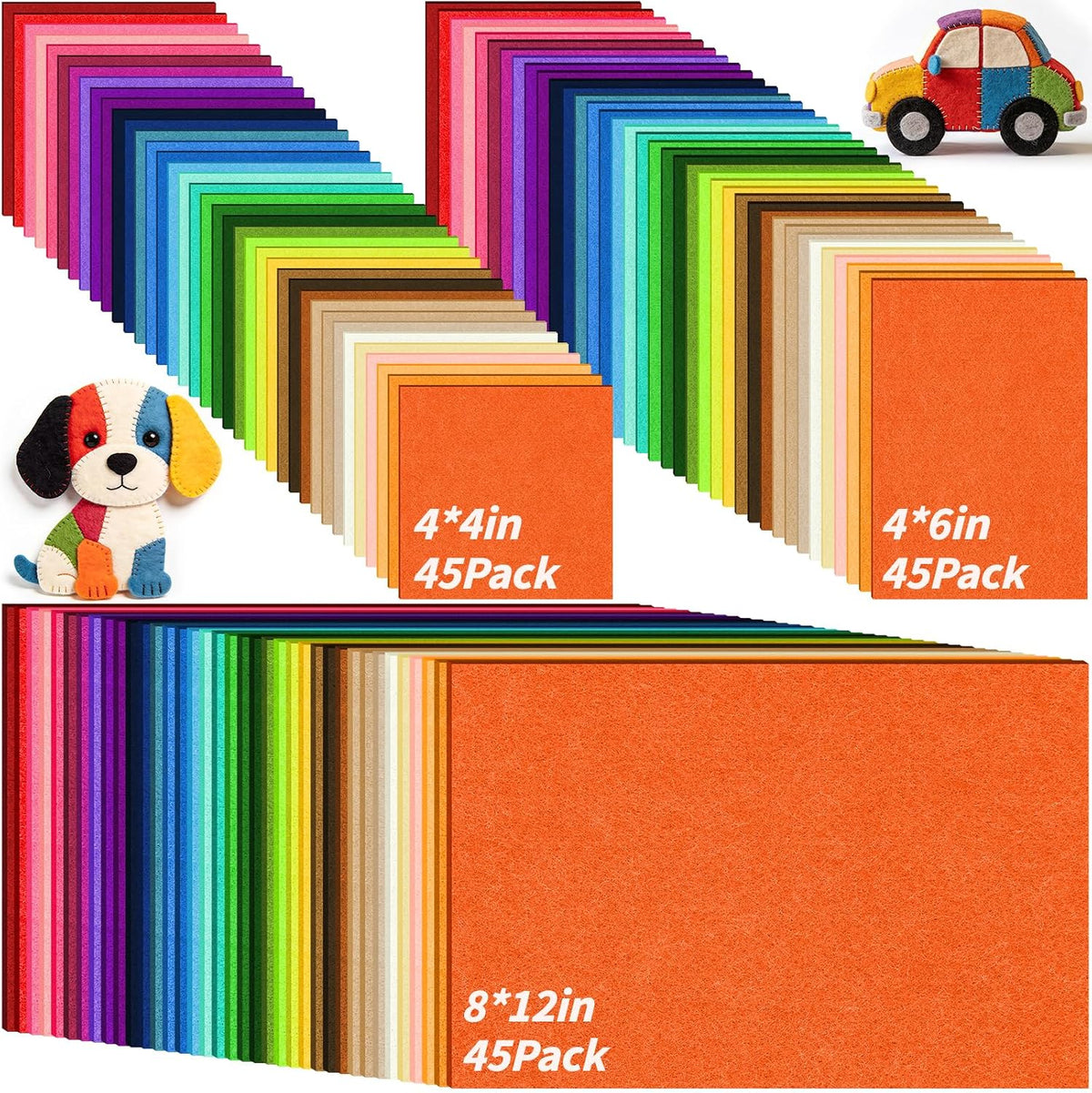 135PCS Felt Fabric Sheets Kit 45 Colors 2Mm 3 Size Craft Felt Sheets