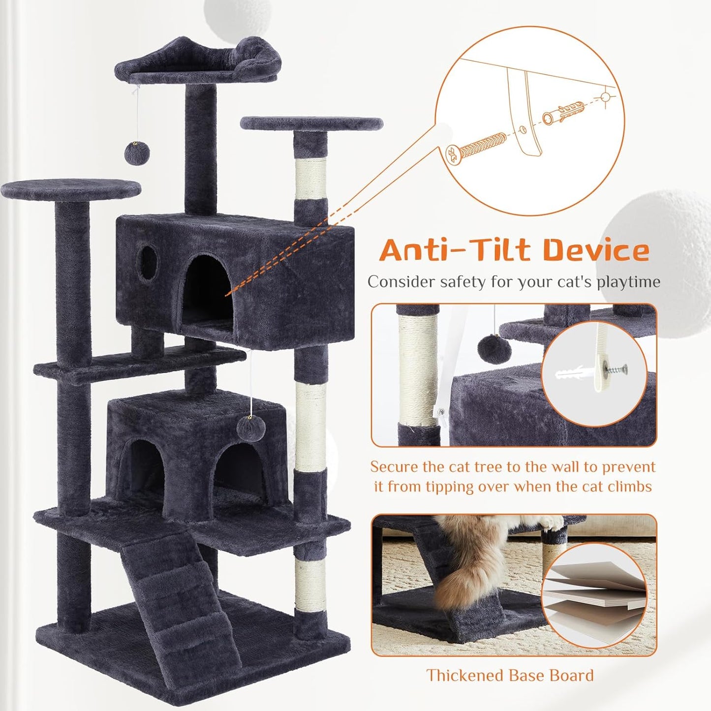Sweetcrispy 54 Inch Cat Tree Tower, Multi-Level Tower with Cat Scratching Post, Indoor Cat Condo with Climbing Ladder, Plush Toy, Play House for Cat, Dark Grey