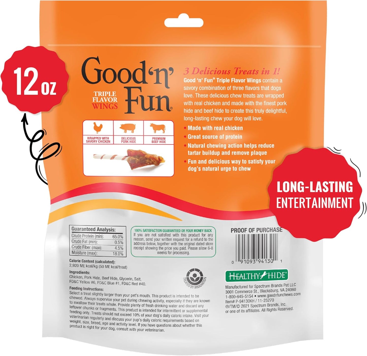 Good ‘N’ Fun Triple Flavor Wings Chews for All Dogs, 12 Ounces, Treat Your Dog to Long-Lasting Chews Made from Chicken, Pork Hide and Beef Hide