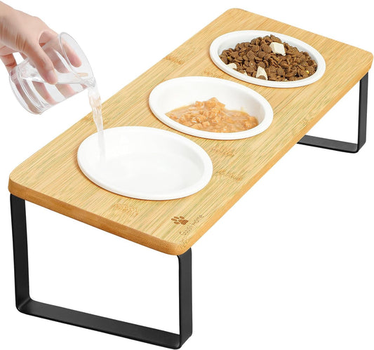 Sunhoo Raised Cat Food Water Bowl Elevated Tilted Kitty Dishes Set of 3 Ceramic Dish for Indoor Cats Orthopedic Pet Food Stand Reduces Vomiting 3 Bowl Cat Feeder Easy Assembly(Wood Color)